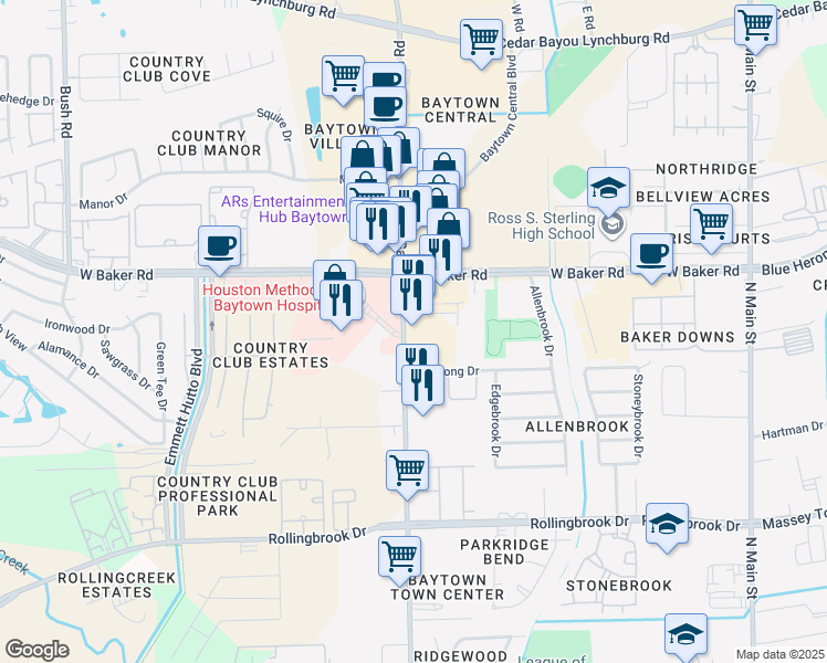 map of restaurants, bars, coffee shops, grocery stores, and more near 4006 Garth Road in Baytown