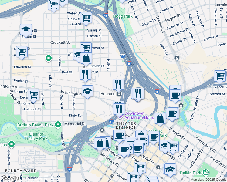 map of restaurants, bars, coffee shops, grocery stores, and more near 410 Washington Avenue in Houston