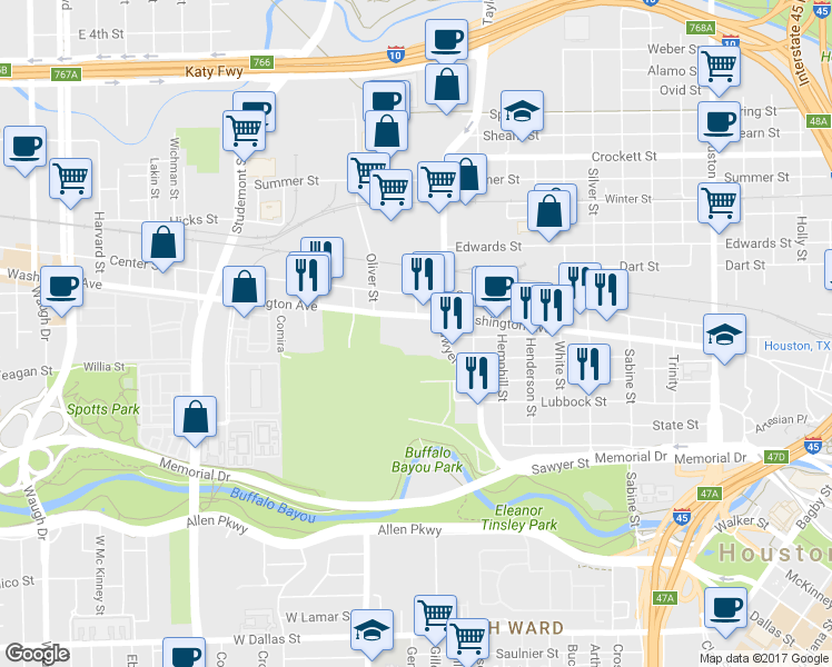 map of restaurants, bars, coffee shops, grocery stores, and more near 2411 Washington Avenue in Houston
