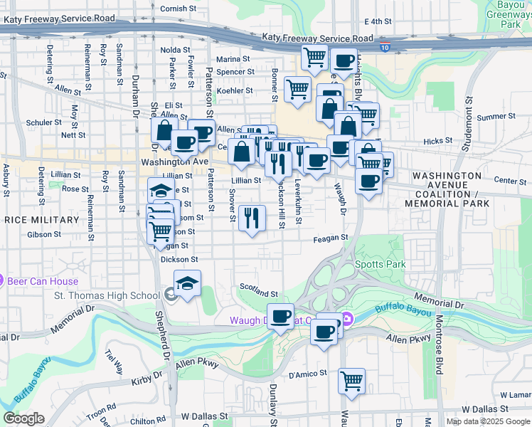 map of restaurants, bars, coffee shops, grocery stores, and more near 4115 Blossom Street in Houston