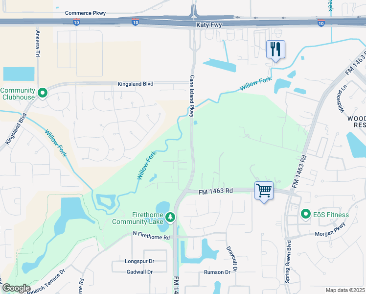 map of restaurants, bars, coffee shops, grocery stores, and more near 1427 Willow Bend in Katy