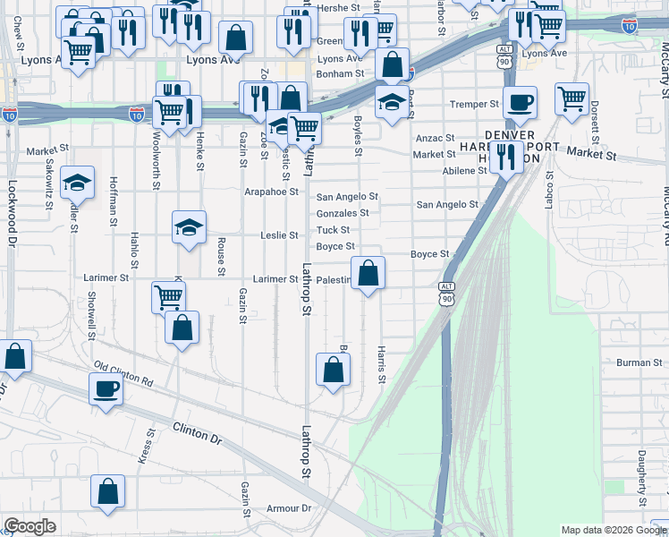 map of restaurants, bars, coffee shops, grocery stores, and more near 7011 Palestine Street in Houston