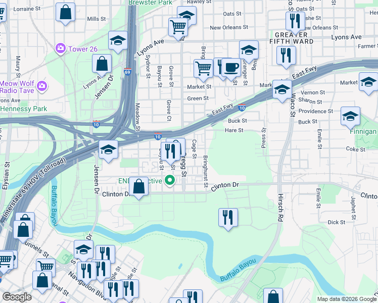 map of restaurants, bars, coffee shops, grocery stores, and more near 602 Gregg Street in Houston