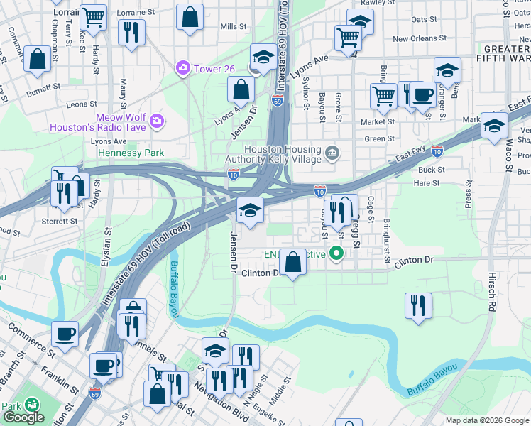 map of restaurants, bars, coffee shops, grocery stores, and more near 706 Clark Street in Houston