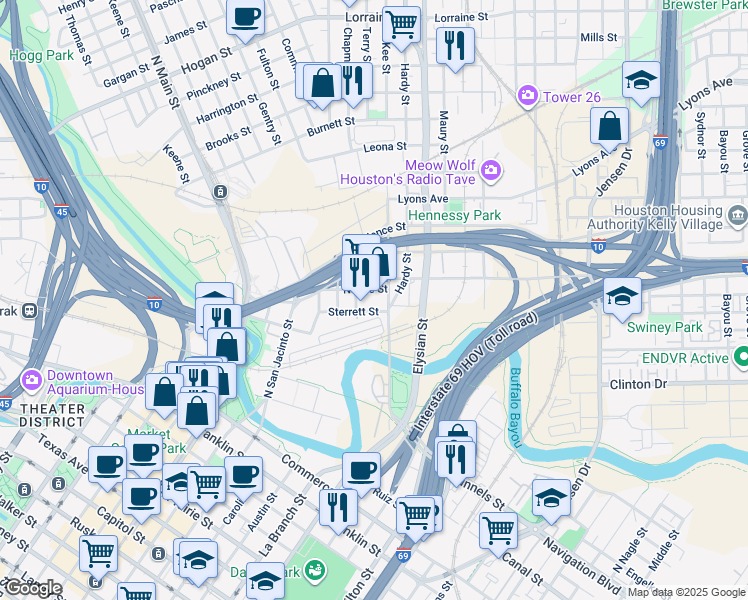map of restaurants, bars, coffee shops, grocery stores, and more near 900-998 Hardy St in Houston