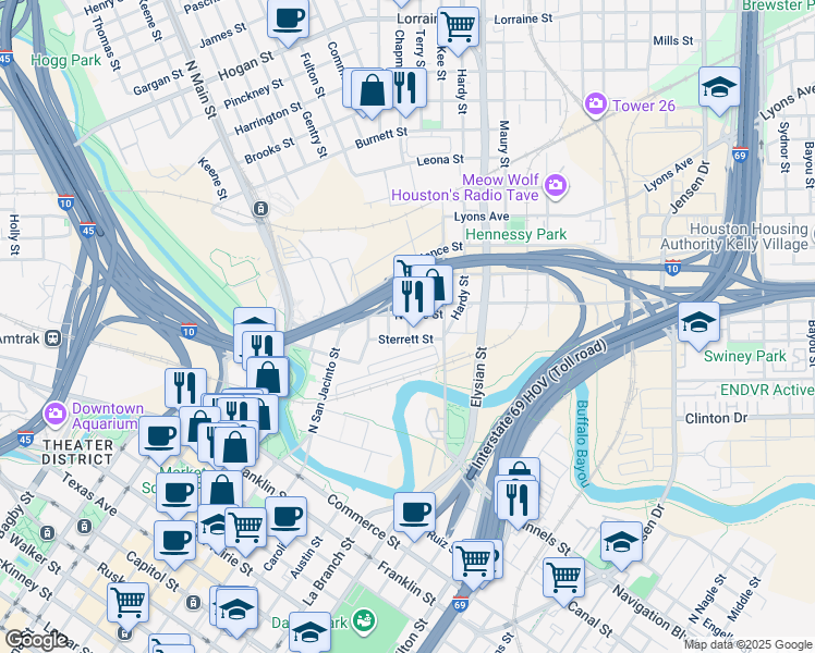 map of restaurants, bars, coffee shops, grocery stores, and more near 1377 Sterrett Street in Houston