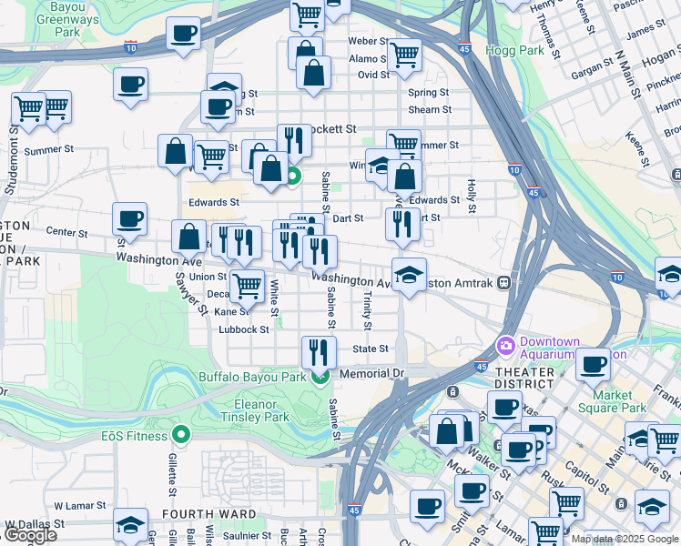 map of restaurants, bars, coffee shops, grocery stores, and more near 1601 Washington Avenue in Houston