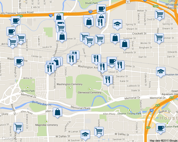 map of restaurants, bars, coffee shops, grocery stores, and more near 2515 Washington Avenue in Houston