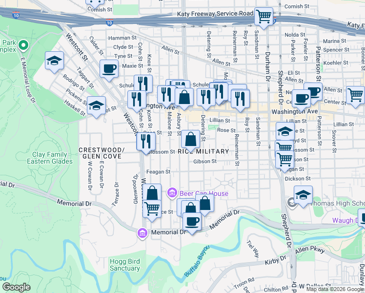 map of restaurants, bars, coffee shops, grocery stores, and more near 5510 Blossom Street in Houston