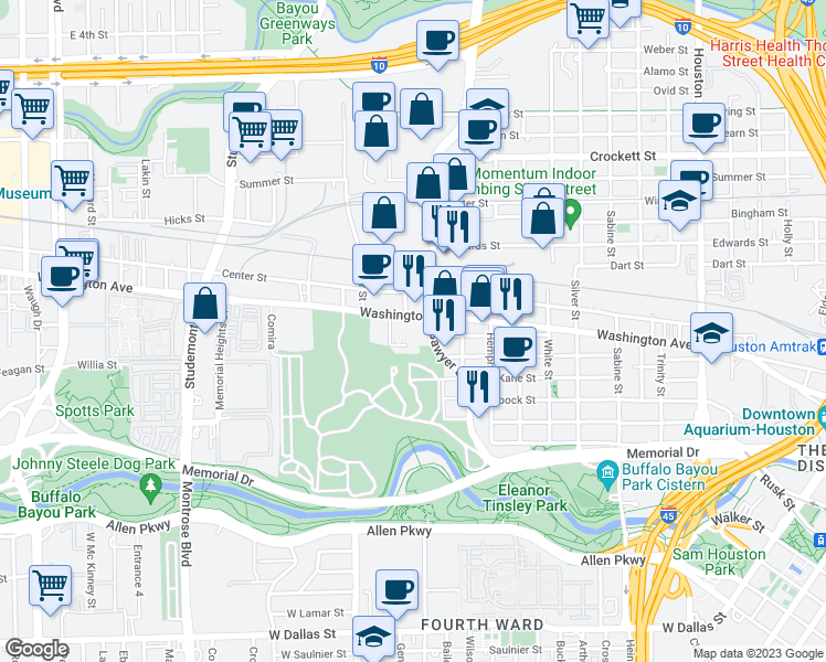 map of restaurants, bars, coffee shops, grocery stores, and more near 2411 Washington Avenue in Houston