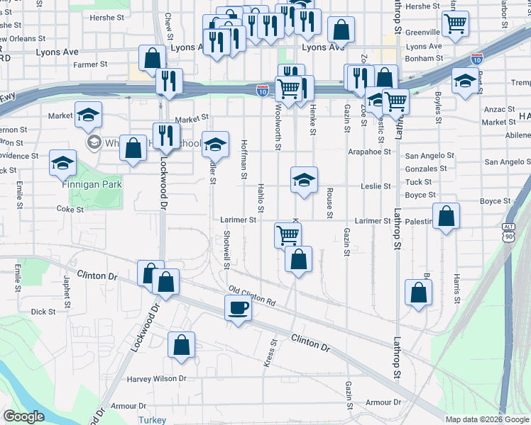 map of restaurants, bars, coffee shops, grocery stores, and more near 1147 Woolworth Street in Houston