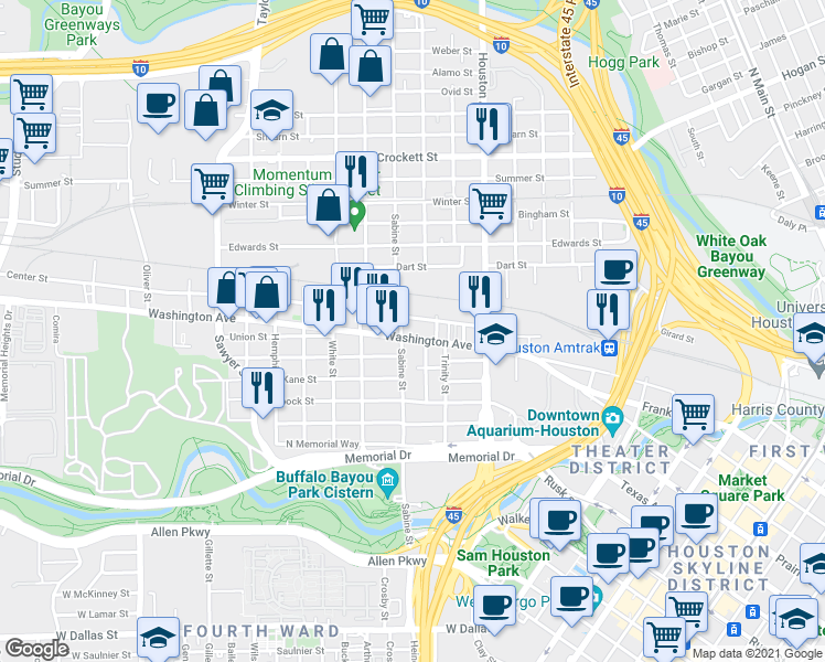 map of restaurants, bars, coffee shops, grocery stores, and more near 1601 Washington Avenue in Houston