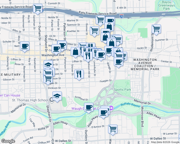 map of restaurants, bars, coffee shops, grocery stores, and more near 4017 Blossom Street in Houston
