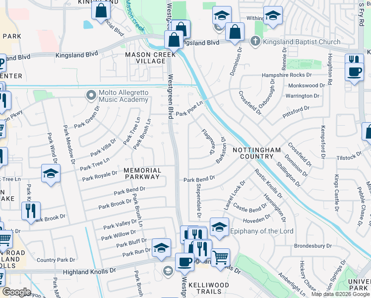 map of restaurants, bars, coffee shops, grocery stores, and more near 1219 Westgreen Boulevard in Katy