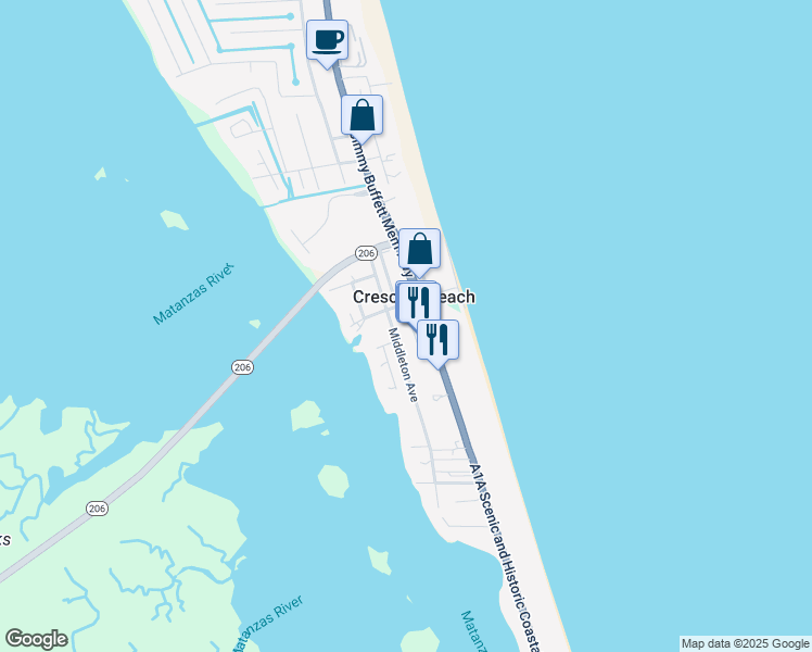 map of restaurants, bars, coffee shops, grocery stores, and more near 6975 A1A South in St. Augustine