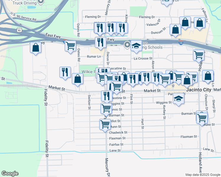 map of restaurants, bars, coffee shops, grocery stores, and more near 10301 Market Street in Houston