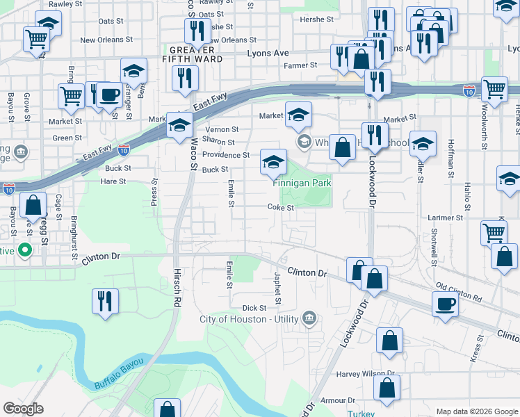 map of restaurants, bars, coffee shops, grocery stores, and more near 4729 Edmund Street in Houston