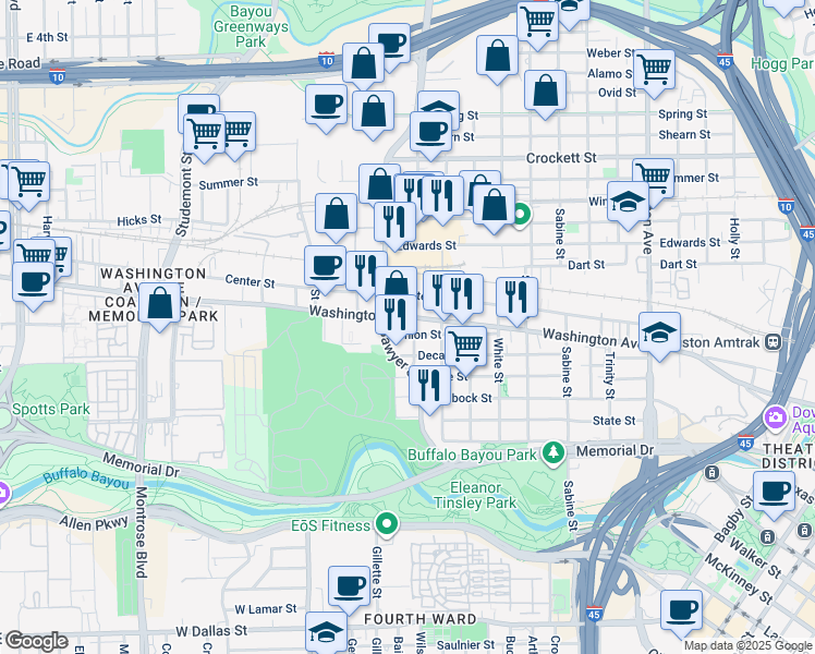 map of restaurants, bars, coffee shops, grocery stores, and more near 2307 Union Street in Houston