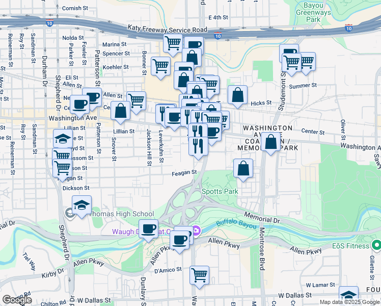 map of restaurants, bars, coffee shops, grocery stores, and more near 34 Waugh Drive in Houston