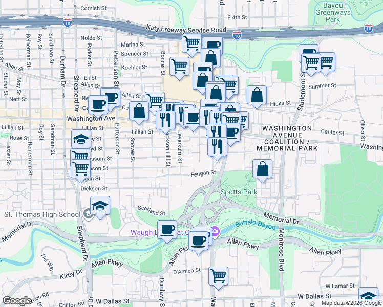 map of restaurants, bars, coffee shops, grocery stores, and more near 3915 Blossom Street in Houston