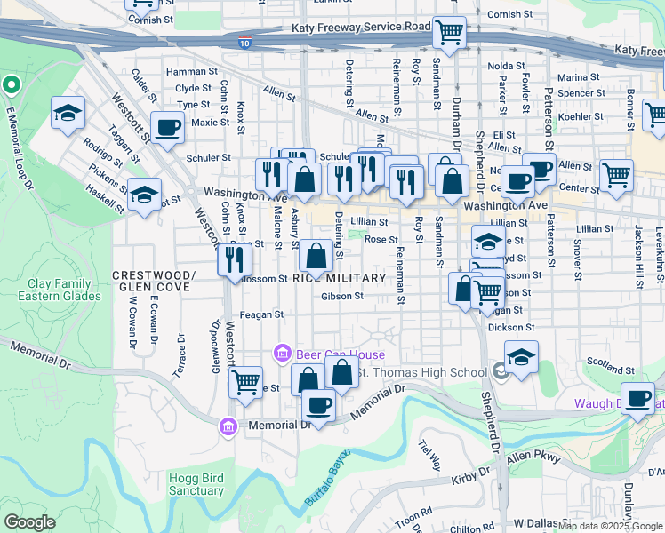 map of restaurants, bars, coffee shops, grocery stores, and more near in Houston