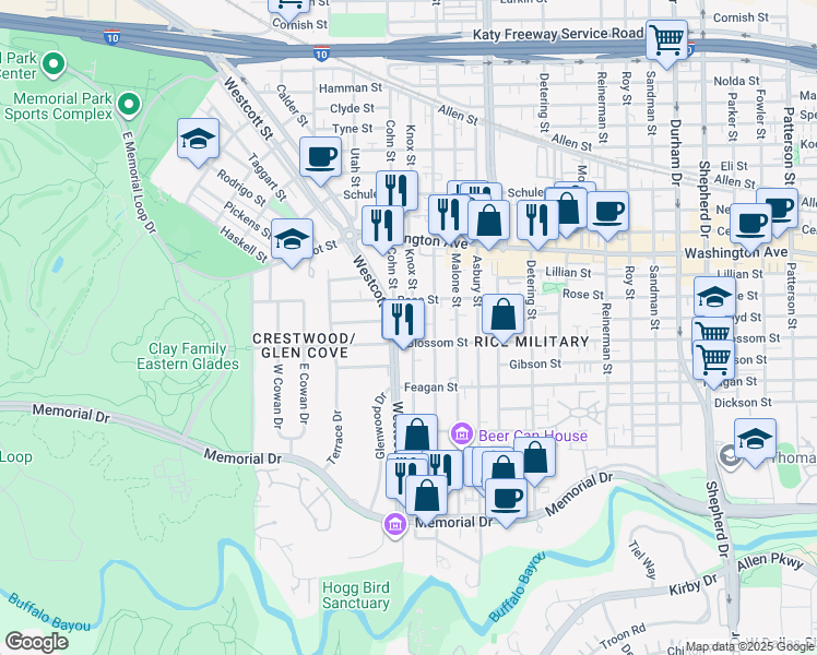 map of restaurants, bars, coffee shops, grocery stores, and more near 602 Knox Street in Houston