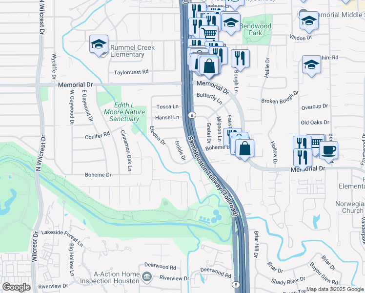 map of restaurants, bars, coffee shops, grocery stores, and more near 415 Isolde Drive in Houston