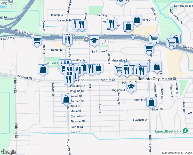map of restaurants, bars, coffee shops, grocery stores, and more near 10523 Market Street in Houston