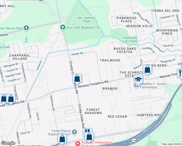 map of restaurants, bars, coffee shops, grocery stores, and more near 2517 1/2 Massey Tompkins Road in Baytown
