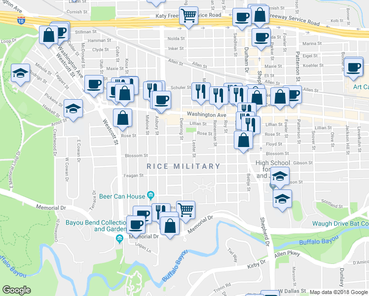 map of restaurants, bars, coffee shops, grocery stores, and more near in Houston