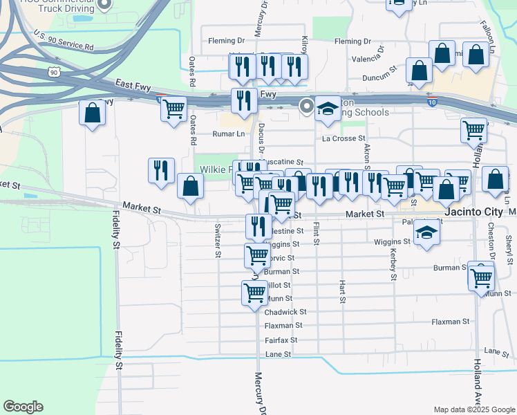 map of restaurants, bars, coffee shops, grocery stores, and more near 10301 Market Street in Houston
