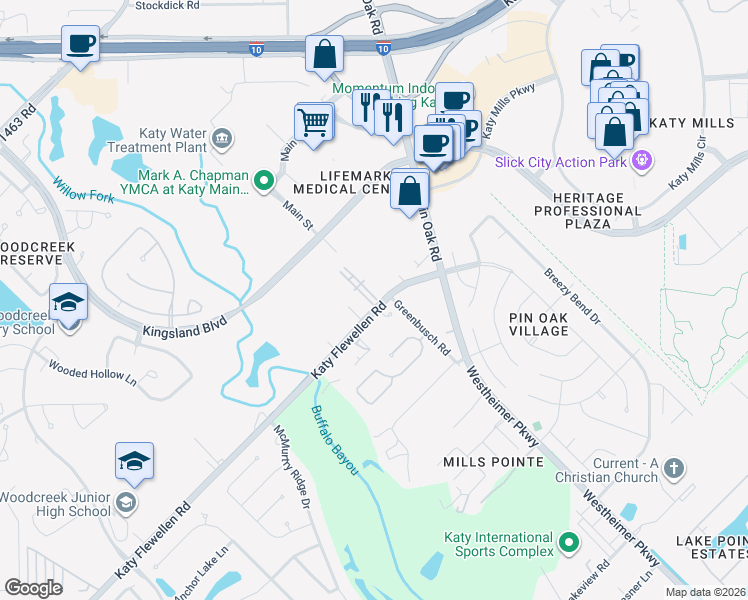 map of restaurants, bars, coffee shops, grocery stores, and more near 1430 Katy Flewellen Road in Katy