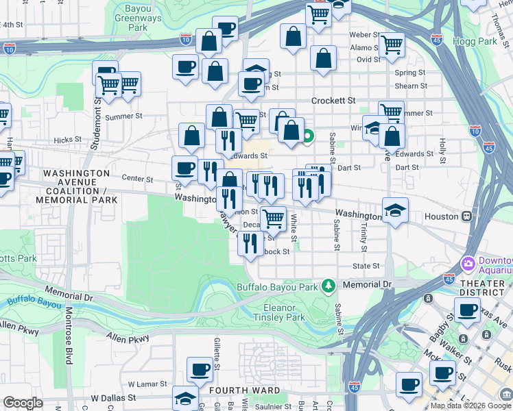 map of restaurants, bars, coffee shops, grocery stores, and more near 2201 Washington Avenue in Houston