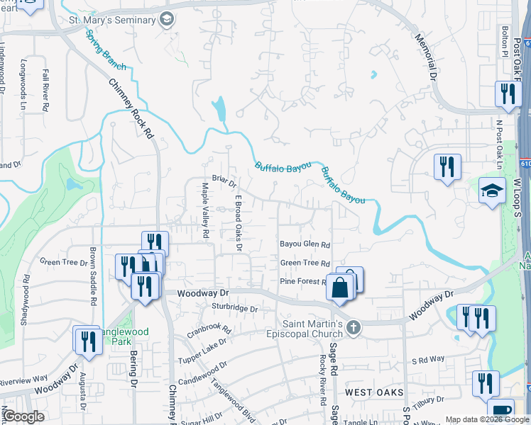 map of restaurants, bars, coffee shops, grocery stores, and more near 31 East Broad Oaks Drive in Houston
