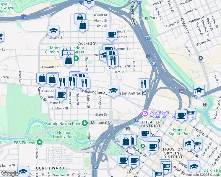 map of restaurants, bars, coffee shops, grocery stores, and more near 1009 Center Street in Houston