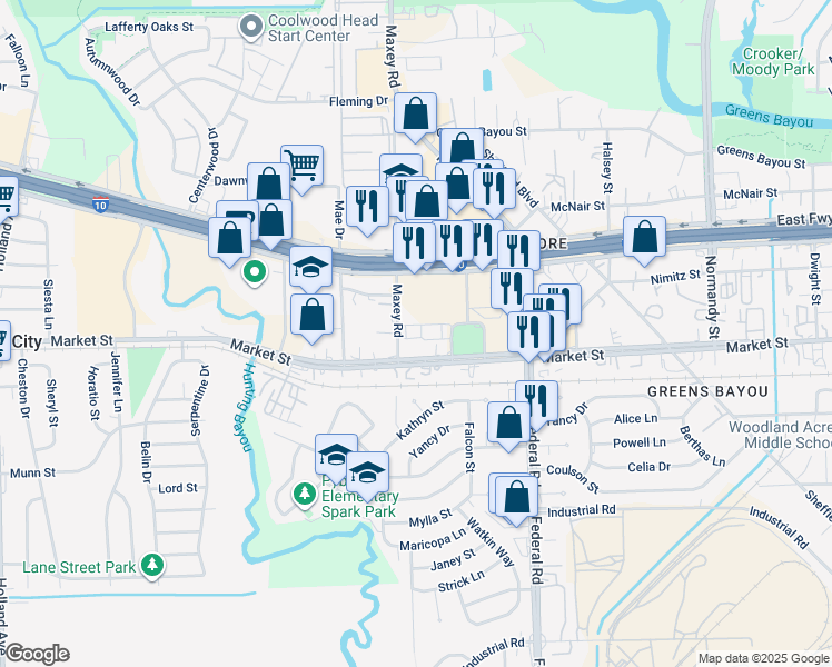 map of restaurants, bars, coffee shops, grocery stores, and more near 12423 Market Street in Houston