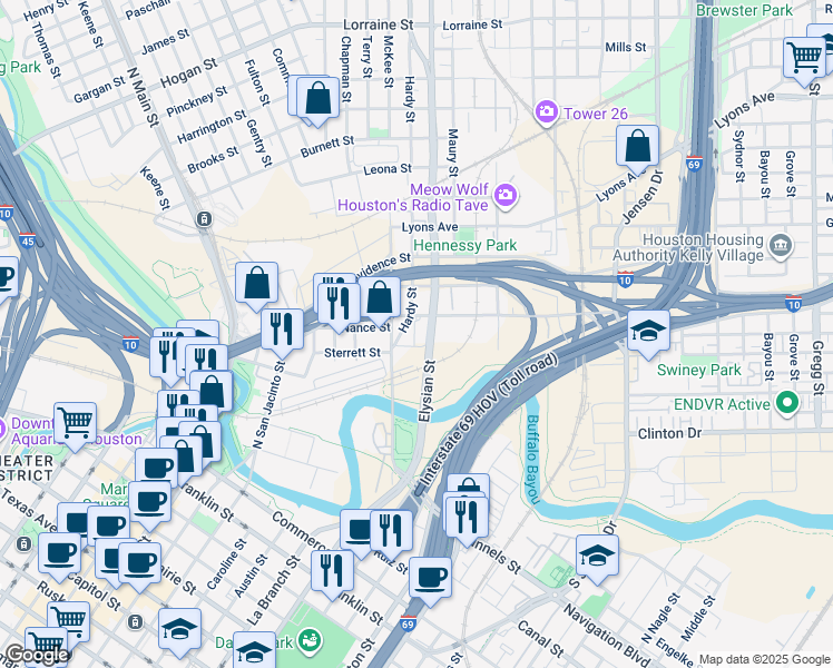 map of restaurants, bars, coffee shops, grocery stores, and more near 1702 Nance Street in Houston