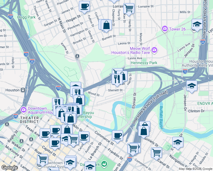 map of restaurants, bars, coffee shops, grocery stores, and more near 720 Walnut Street in Houston