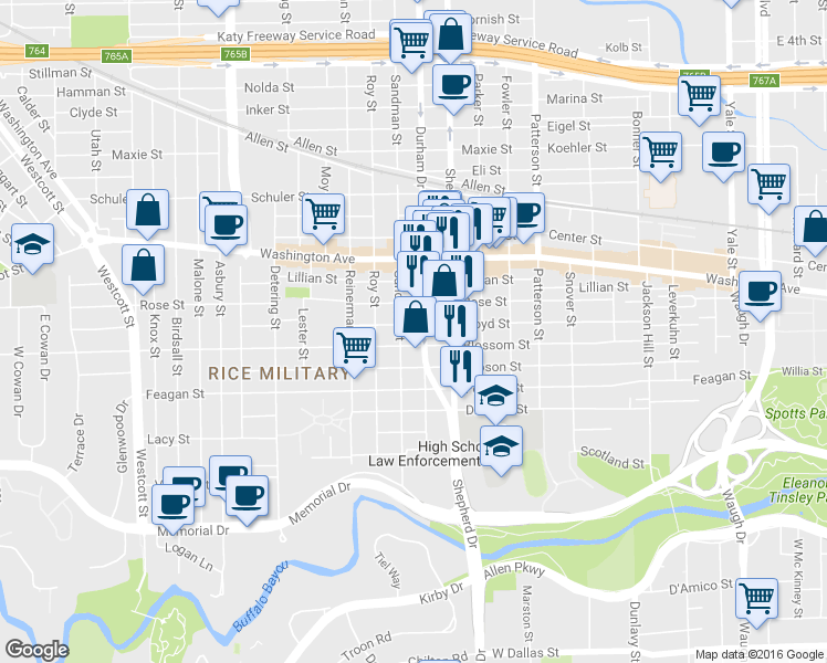 map of restaurants, bars, coffee shops, grocery stores, and more near 4819 Blossom Street in Houston