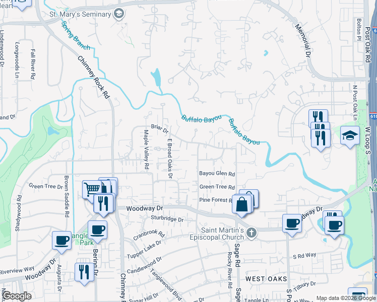 map of restaurants, bars, coffee shops, grocery stores, and more near 31 East Broad Oaks Drive in Houston