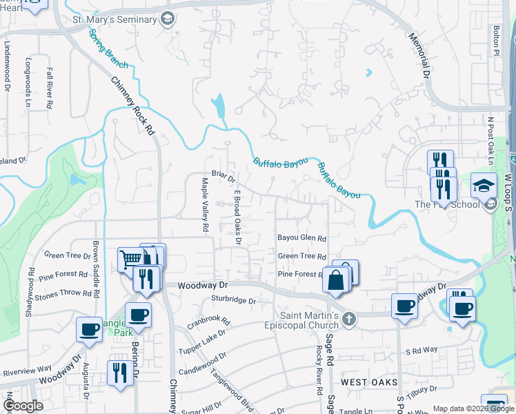 map of restaurants, bars, coffee shops, grocery stores, and more near 31 East Broad Oaks Drive in Houston