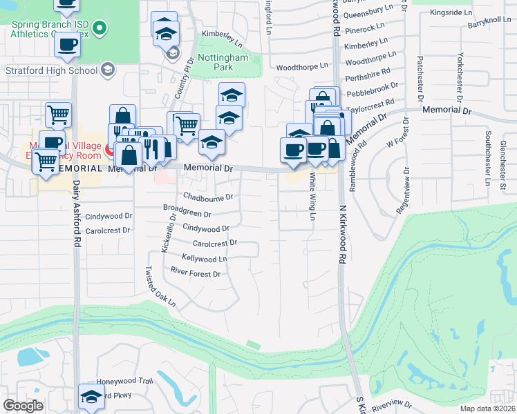 map of restaurants, bars, coffee shops, grocery stores, and more near 14211 Broadgreen Drive in Houston