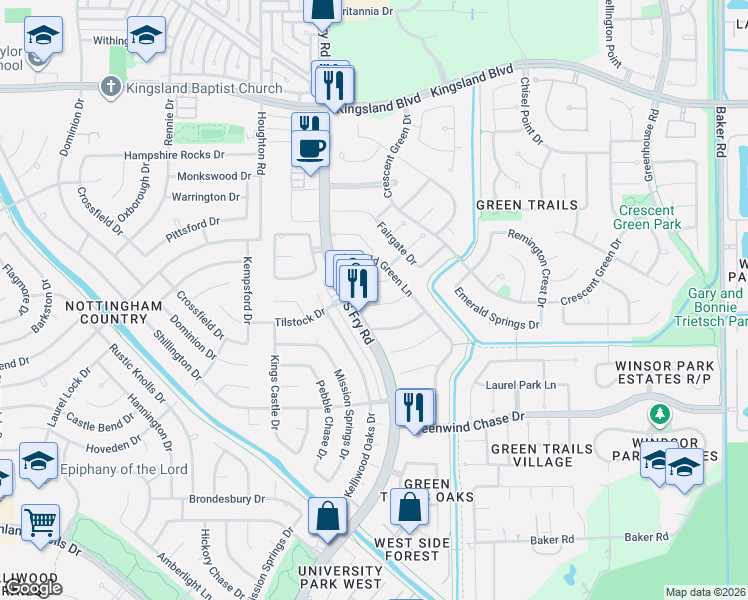 map of restaurants, bars, coffee shops, grocery stores, and more near 19819 Summerset Way in Houston