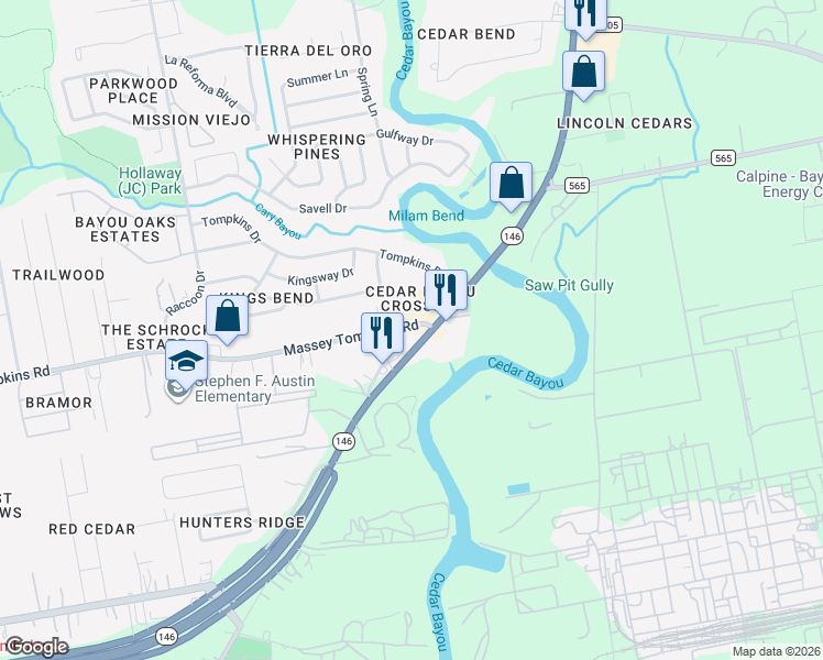 map of restaurants, bars, coffee shops, grocery stores, and more near 4619 Texas 146 in Baytown