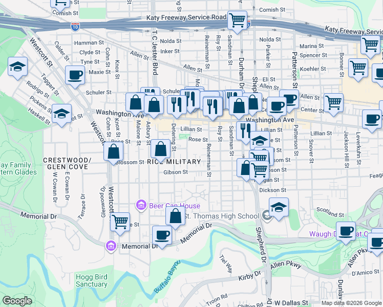 map of restaurants, bars, coffee shops, grocery stores, and more near 5234 Blossom Street in Houston