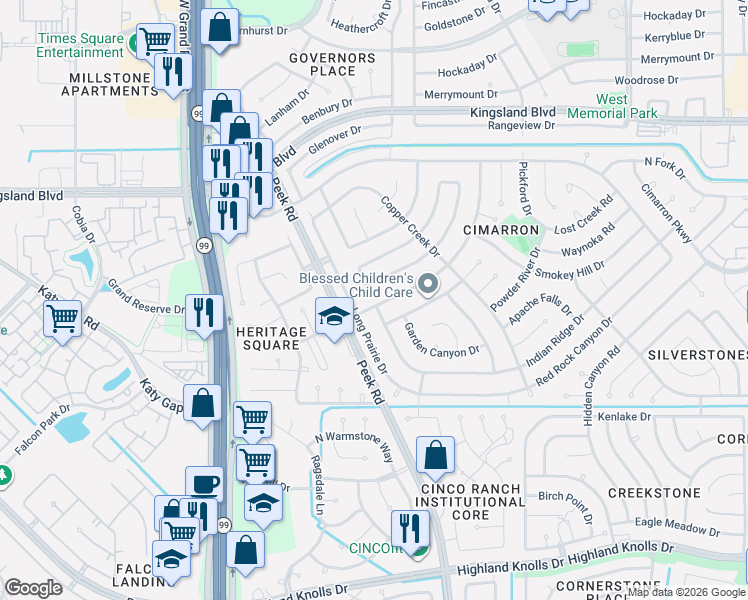 map of restaurants, bars, coffee shops, grocery stores, and more near 1122 Cheyenne Meadows Drive in Katy