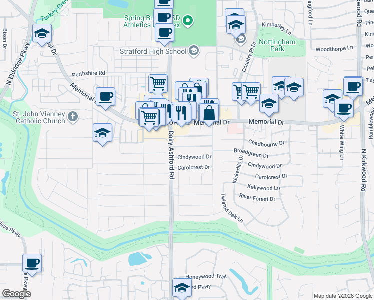 map of restaurants, bars, coffee shops, grocery stores, and more near 14550 Cindywood Drive in Houston