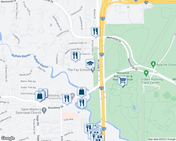 map of restaurants, bars, coffee shops, grocery stores, and more near 121 North Post Oak Lane in Houston