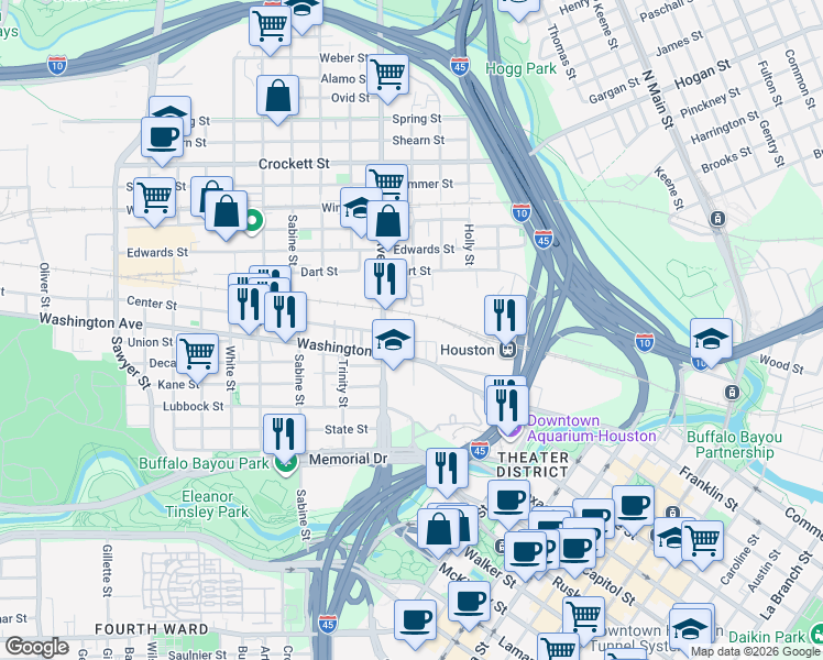map of restaurants, bars, coffee shops, grocery stores, and more near 1316b Hickory Street in Houston