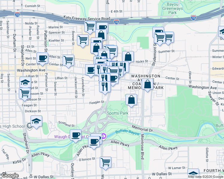 map of restaurants, bars, coffee shops, grocery stores, and more near 55 Waugh Drive in Houston